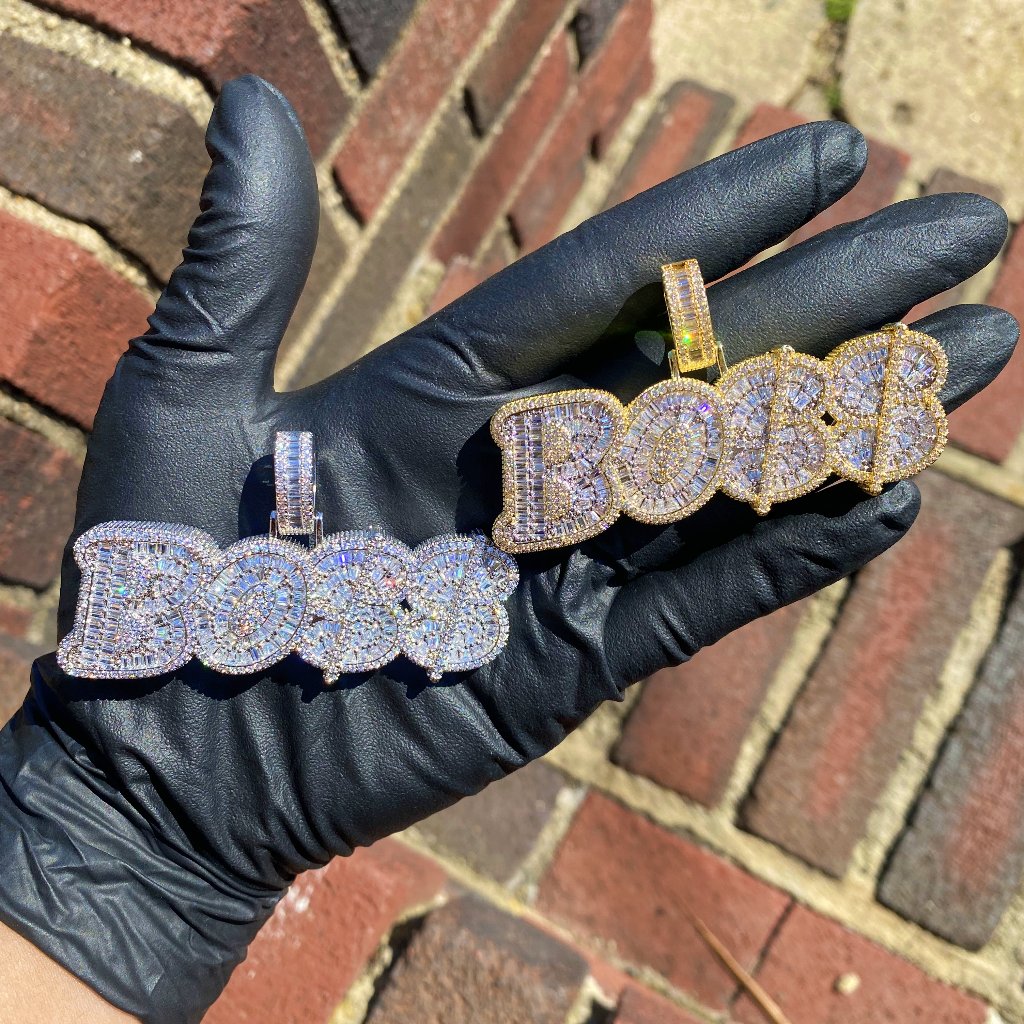 Hip Hop Bling Bling Iced Out Mens Boss Baguette Cz Pendant Gold Palted